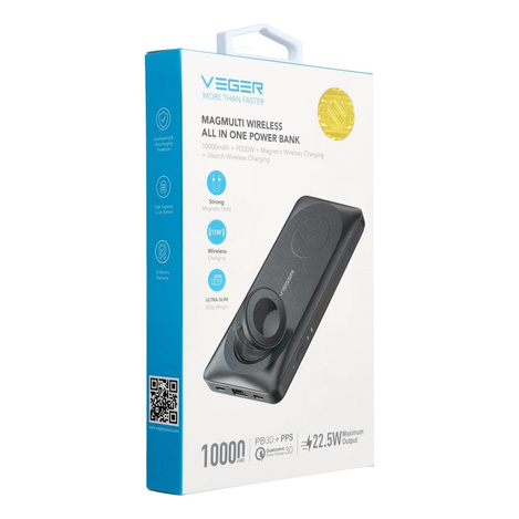 Bateria zewnętrzna (Powerbank) VEGER MagMulti - 10 000mAh LCD Quick Charge kompatybilny z MagSafe + ładuje Apple Watch PD 22,5W (W1156)