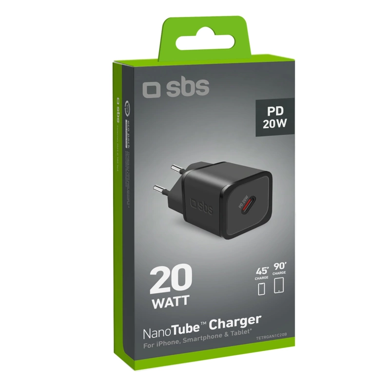 SBS TETRGAN1C20K 20W GaN USB-C Wandladegerät mit Power Delivery – Schwarz