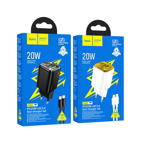 Ładowarka sieciowa do telefonu Hoco USB A + USB C QC3.0 PD 3A 20W + kabel USB C do USB C N52 biała
