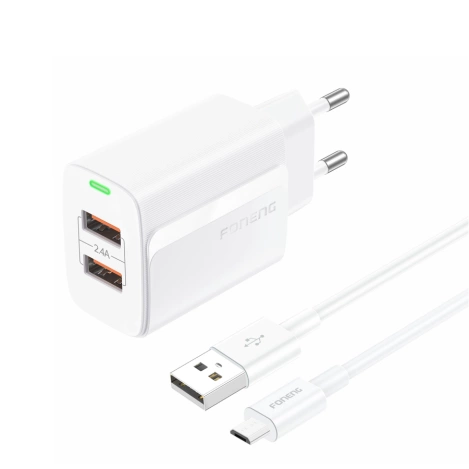 FONENG wall charger EU63 2.4A 12W 2xUSB + cable Micro White