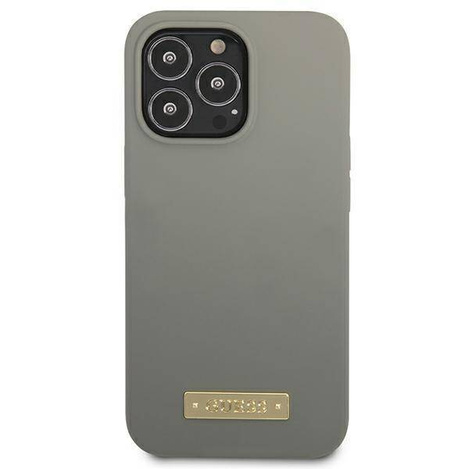 Original Handyhülle IPHONE 13 PRO Guess Hard Case Silicone Logo Plate MagSafe (GUHMP13LSPLG) grau