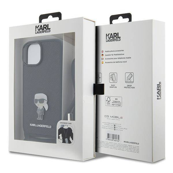 Karl Lagerfeld Umhängetasche mit Saffiano-Monogramm und Metallnadel, Karl &amp; Choupette-Hülle für iPhone 15 – Schwarz