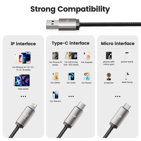 Kabel 3w1 3.5A 1m USB - USB-C + Lightning + Micro USB Tech-Protect UltraBoost 3in1 szary