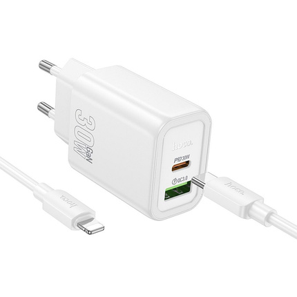 HOCO ładowarka sieciowa USB A + Typ C + kabel Typ C do Lightning PD QC3.0 3A 30W N63 biała
