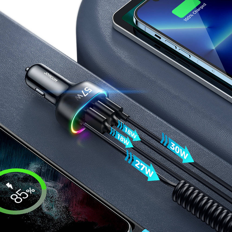 Joyroom 4-in-1-Auto-Schnellladegerät PD, QC3.0, AFC, FCP mit 1,6 m langem 57-W- Lightning -Kabel, schwarz (JR-CL20)