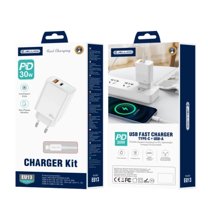 JELLICO Netz-Ladegerät EU13 GaN PD 30W 1xUSB-C + 1xUSB QC3.0 + Kabel USB-C - Lightning weiss