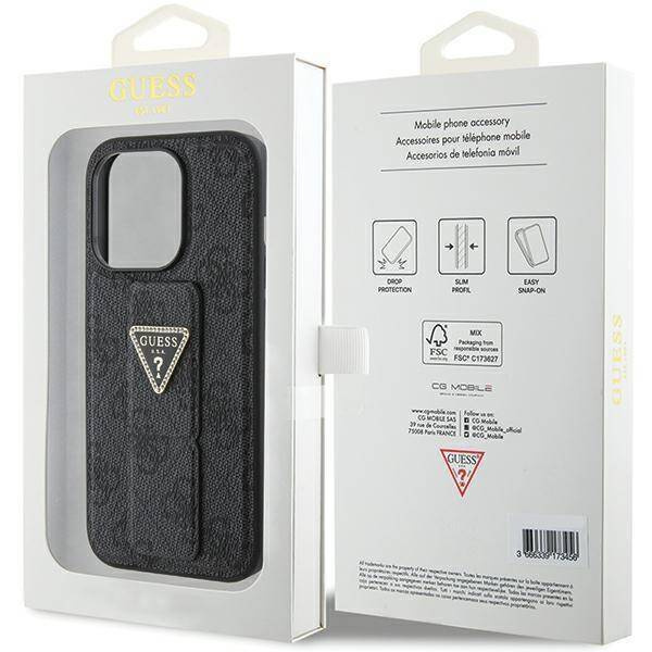 Guess Grip Stand 4G Triangle Strass Hülle für iPhone 15 Pro Max - Schwarz
