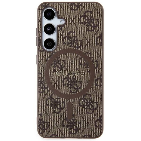 Guess 4G Collection Leder Metall Logo MagSafe Hülle für Samsung Galaxy S24 – Braun