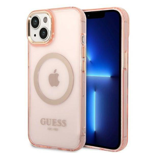 Guess Gold Outline Translucent MagSafe - Etui iPhone 14 Plus (różowy)