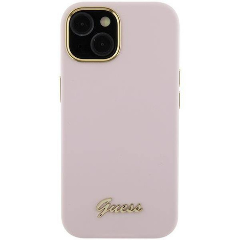 Guess Silicone Script Metal Logo & Frame case for iPhone 15 - pink