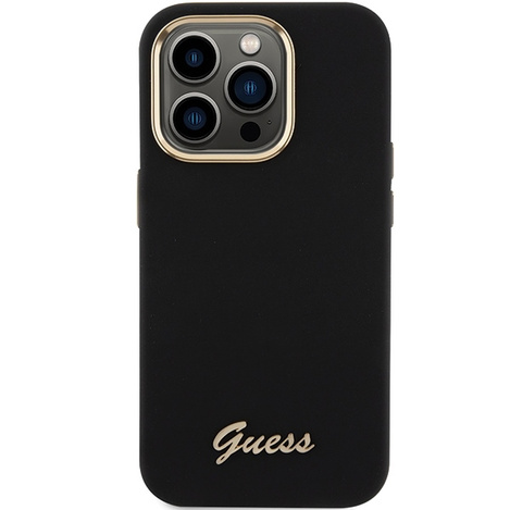 Guess Silikon Script Metal Logo &amp; Frame Hülle für iPhone 15 Pro Max – Schwarz