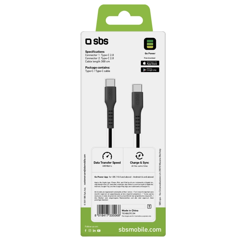 Kabel SBS TECABLETCC3M USB-C - USB-C 3m - czarny