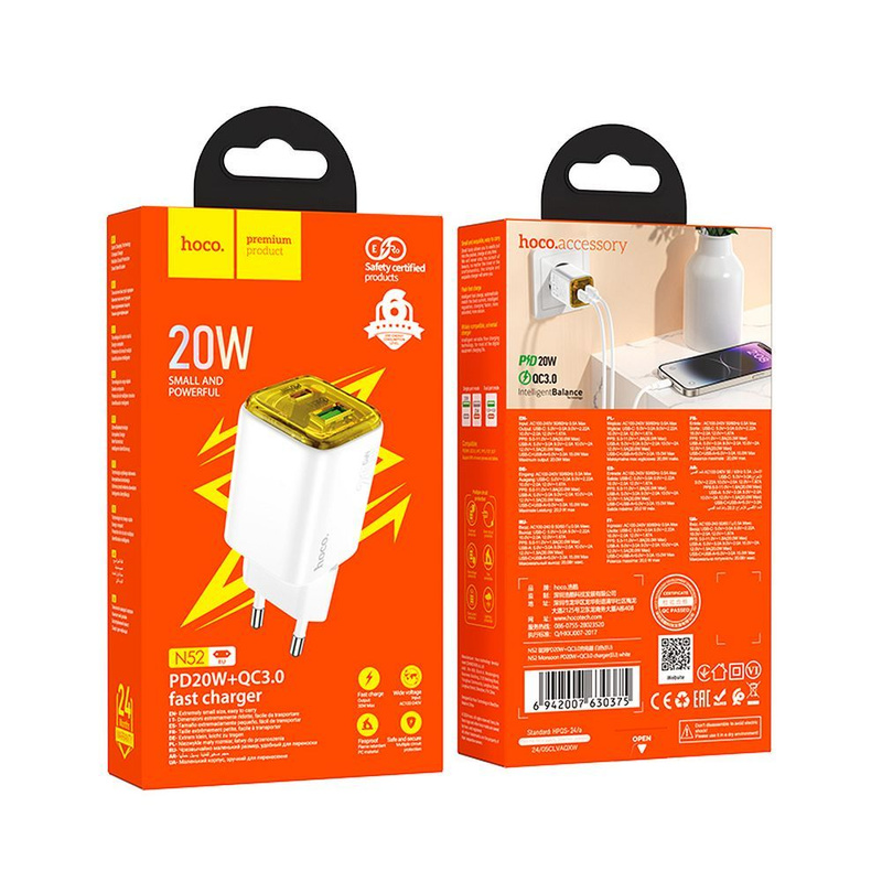 Ładowarka sieciowa do telefonu Hoco USB A + USB C QC3.0 PD 3A 20W N52 biała