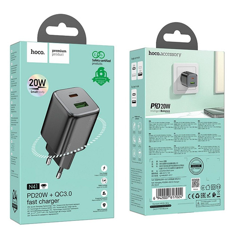 Ładowarka sieciowa do telefonu Hoco USB A + USB C QC3.0 PD 3A 20W N41 czarna