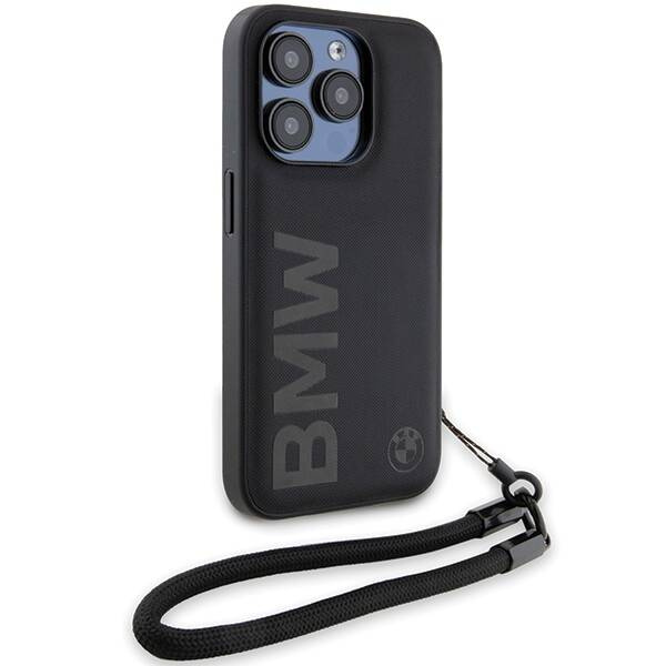 BMW Signature Leder-Wordmark-Cord-Hülle für iPhone 15 Pro Max – Schwarz