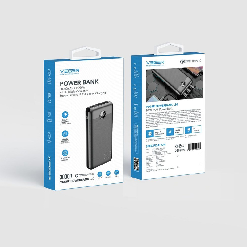 Bateria zewnętrzna (Powerbank) VEGER L30 - 30 000mAh LCD Quick Charge PD 20W czarny (W3008PD )