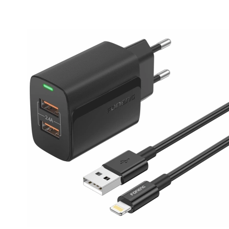 FONENG ładowarka sieciowa EU63 2.4A 12W 2xUSB + kabel Lightning Czarny