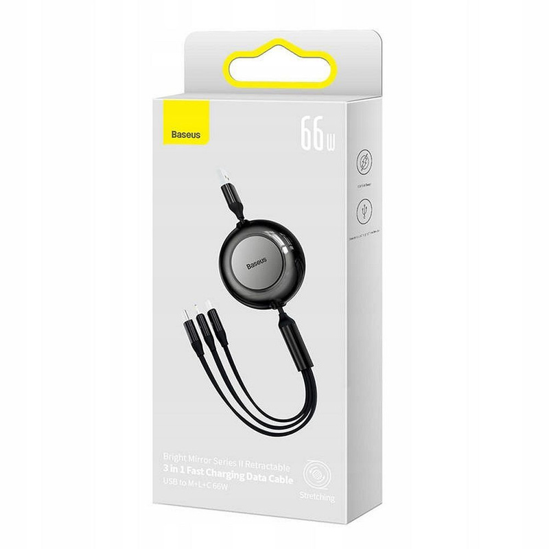 Baseus Bright Mirror 2 einziehbares Kabel 3in1 USB Typ A - micro USB + Lightning + USB Typ C 66W 1.1m schwarz (CAMJ010101)