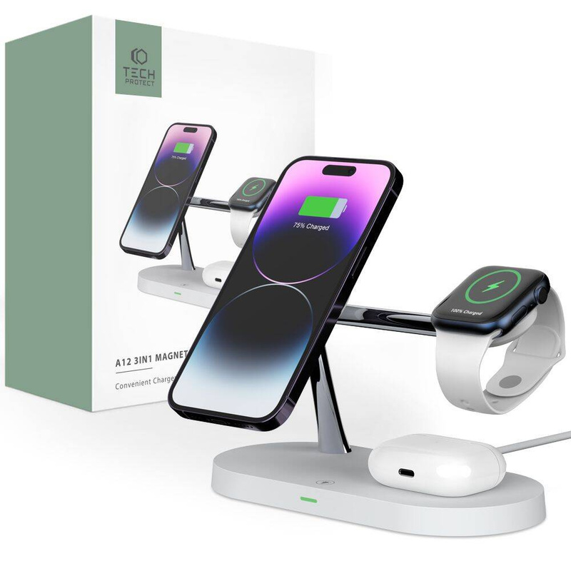 TECH-PROTECT A12 3IN1 MAGNETIC MAGSAFE WIRELESS CHARGER WHITE