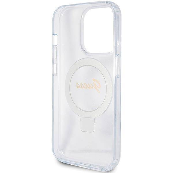 Guess Ring Stand Script Glitter MagSafe Hülle für iPhone 15 Pro – transparent