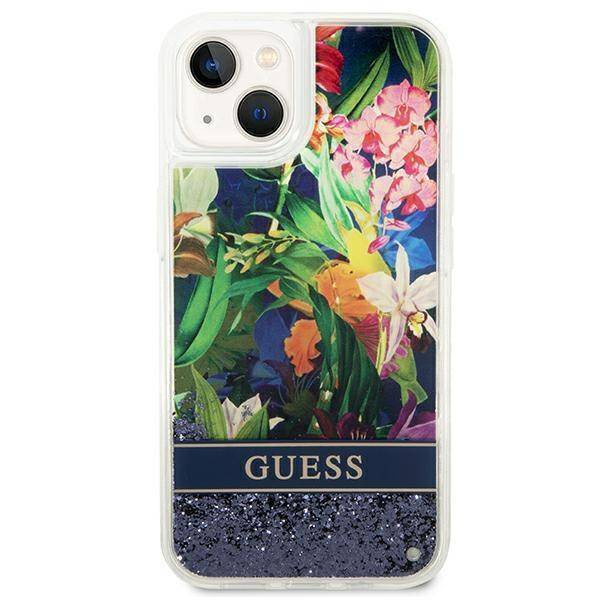 Etui IPHONE 14 Guess Hardcase Flower Liquid Glitter niebieskie