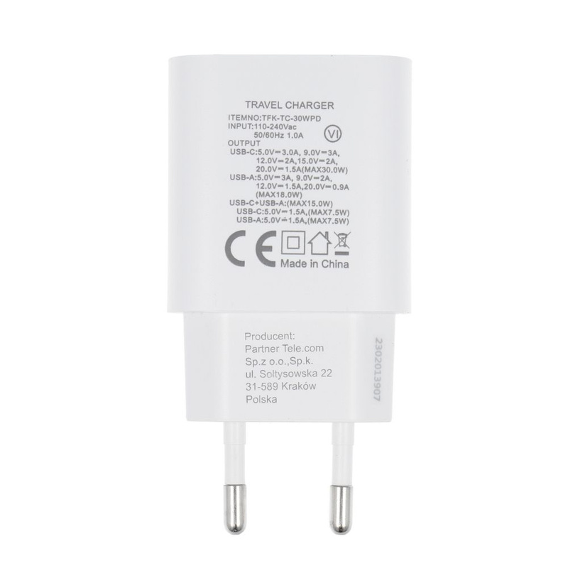 Forcell Ładowarka Sieciowa - 3A 30W z dwoma portami: USB typ C i USB A z ładowaniem PD i QC 4.0