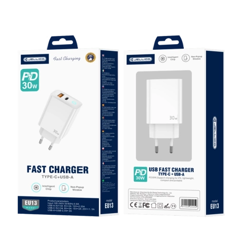 JELLICO ładowarka sieciowa EU13 GaN PD 30W 1xUSB-C + 1xUSB QC3.0 Biały