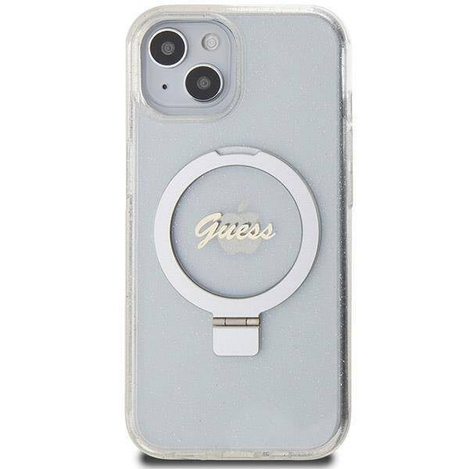 Original Handyhülle IPHONE 13 / 14 / 15 Guess Hardcase Ring Stand Script Glitter MagSafe (GUHMP15SHRSGSD) transparent