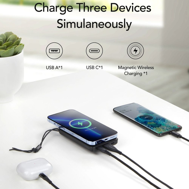 Bateria zewnętrzna (Powerbank) VEGER MagOn z ładowaniem indukcyjnym kompatybilny z MagSafe 15W - 10 000mAh PD 22,5W biały (VP1151 / W1151)