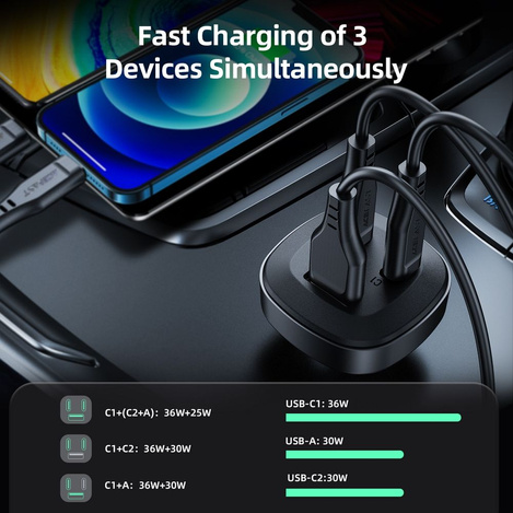 Acefast ładowarka samochodowa 66W 2x USB Typ C / USB, PPS, Power Delivery, Quick Charge 4.0, AFC, FCP, SCP czarny (B3 black)