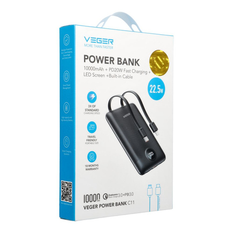 Bateria zewnętrzna (Powerbank) VEGER C11 BEST - 10 000mAh LCD z kablem Typ C + Apple Lightning 8-pin QC3.0 PD 22,5W (W1170)