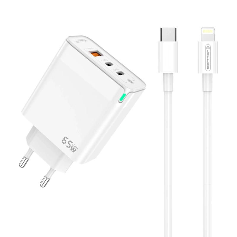 JELLICO wall charger C79 GaN PD 65W 2xUSB-C + 1xUSB QC3.0 + cable USB-C - Lightning White