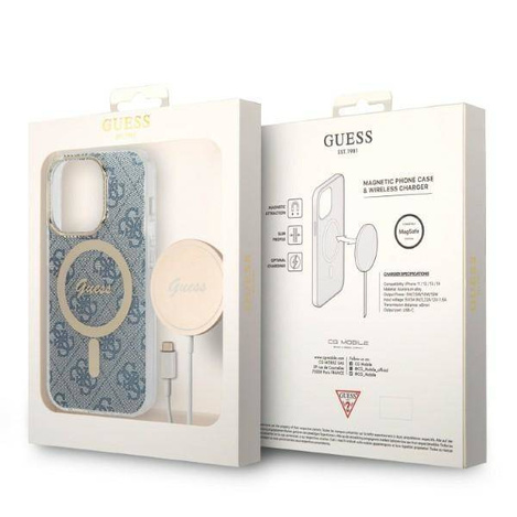 Guess Bundle Pack MagSafe 4G - Zestaw etui + ładowarka MagSafe iPhone 14 Pro Max (niebieski/złoty)