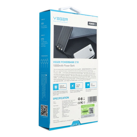 Bateria zewnętrzna (Powerbank) VEGER C10 - 10 000mAh (Micro + Typ C + Lightning 8-pin) czarny (W1116)