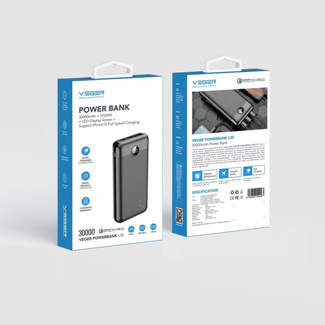 Bateria zewnętrzna (Powerbank) VEGER L30 - 30 000mAh LCD Quick Charge PD 20W czarny (W3008PD )