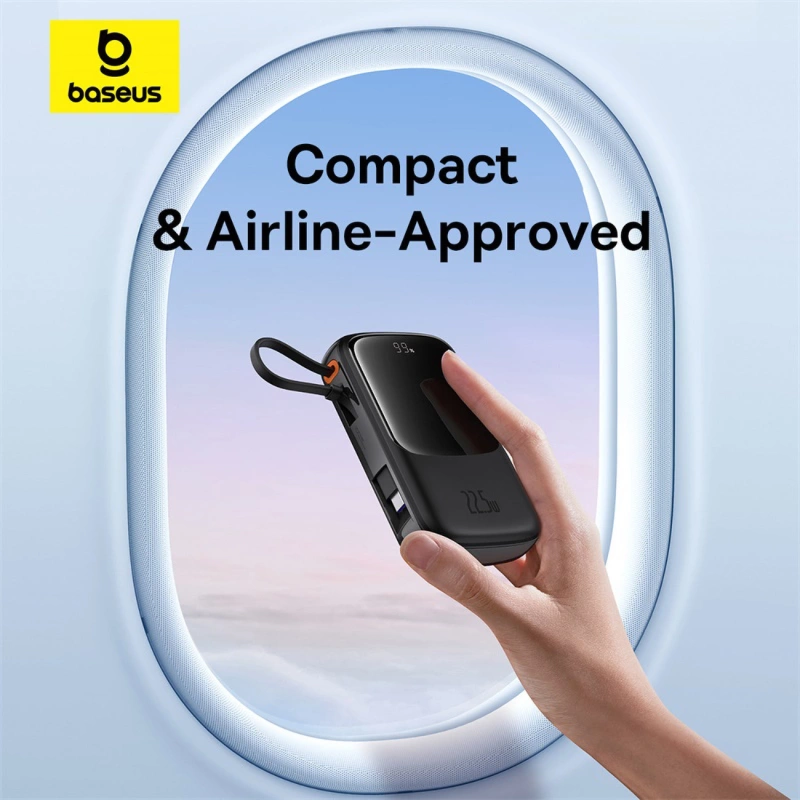 Baseus Qpow Pro+ 10000 mAh 22,5 W Powerbank mit integriertem USB-C-Kabel und Display – Schwarz