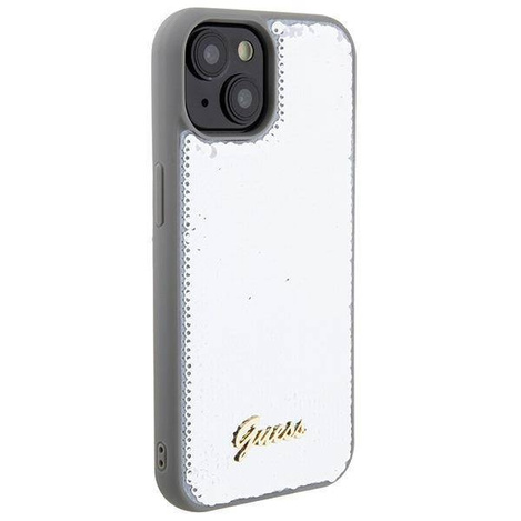 Guess Pailletten-Schriftzug-Metallgehäuse für iPhone 15 – Silber