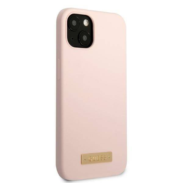 Original Handyhülle IPHONE 13 Guess Hard Case Silicone Logo Plate MagSafe (GUHMP13MSBPLP) rosa