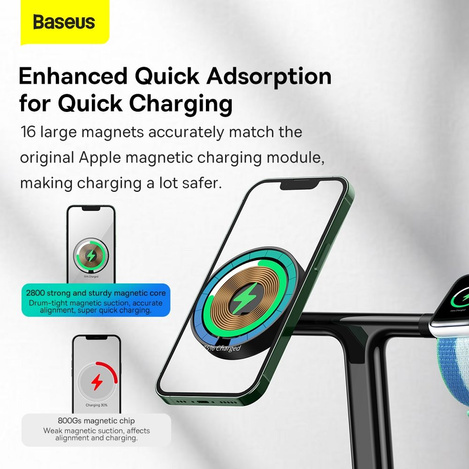 Baseus Swan ładowarka indukcyjna (kompatybilna z MagSafe) stojak do iPhone, Apple Watch, AirPods + kabel USB-C 1m czarny (WXTE000101)