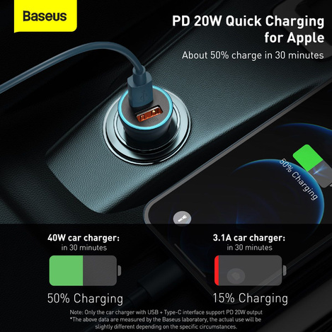 Baseus Golden Contactor Pro szybka ładowarka samochodowa USB Typ C / USB 40 W Power Delivery 3.0 Quick Charge 4+ SCP FCP AFC + kabel USB Typ C - Lightning niebieski (TZCCJD-03)