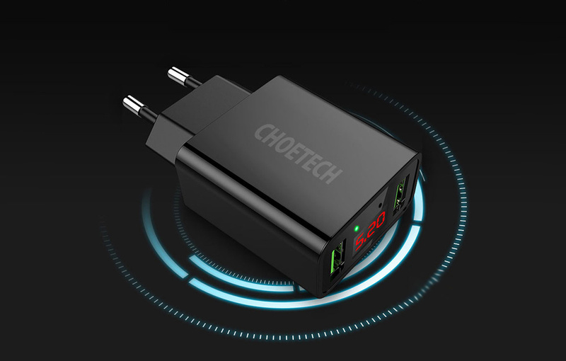Choetech dwuportowa ładowarka USB-A z cyfrowym wyświetlaczem 11W wtyczka EU czarny (C0028)