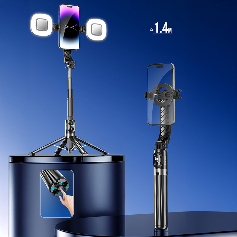 Blavec Selfie Stick Aluminium Fusion P07 Magsafe tripod + pilot + 2 lampy 1,4 metra (SSFP07-MTR2LB14) czarny