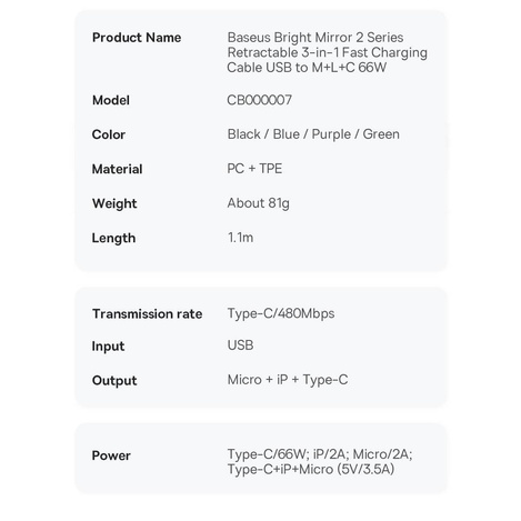 Baseus Bright Mirror 2 einziehbares Kabel 3in1 USB Typ A - micro USB + Lightning + USB Typ C 66W 1.1m schwarz (CAMJ010101)