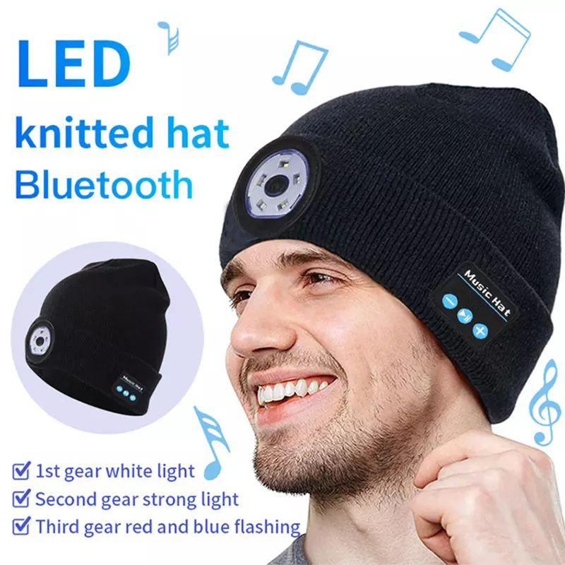 CZAPKA Z LATARKĄ LED + WBUDOWANE SŁUCHAWKI BLUETOOTH, BLACK / CZARNY