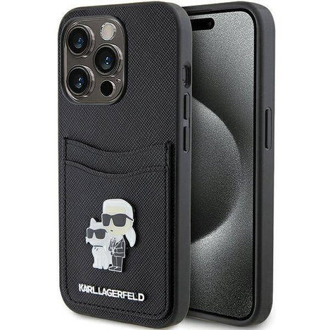 Etui Karl Lagerfeld Saffiano Cardslot Karl&Choupette Metal Pin do iPhone 15 Pro - czarne