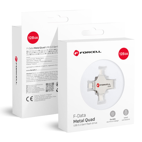 Pendrive 128GB USB 3.2 Gen 1 (USB A / USB C / Lightning / Micro USB) Forcell F-Data Metal Quad srebrny