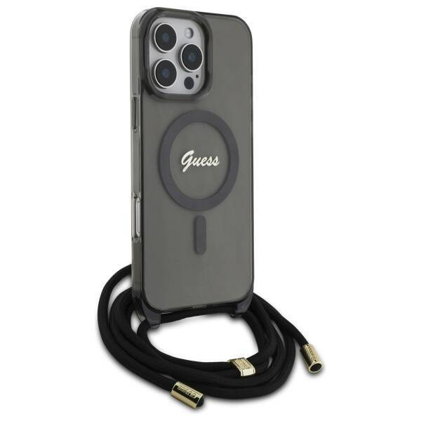Original Handyhülle IPHONE 16 PRO Guess Hardcase Crossbody Cord Script MagSafe (GUHMP16LHCTSGNSK) schwarz