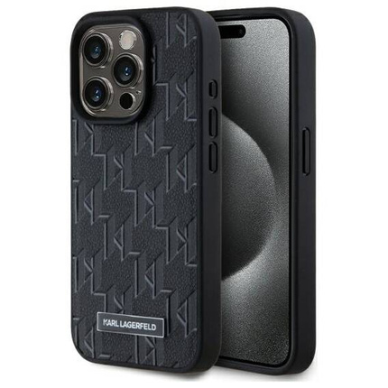 Original Handyhülle IPHONE 15 PRO Karl Lagerfeld Hardcase Leather Monogram Metal Logo MagSafe (KLHMP15LPKHPORPK) schwarz