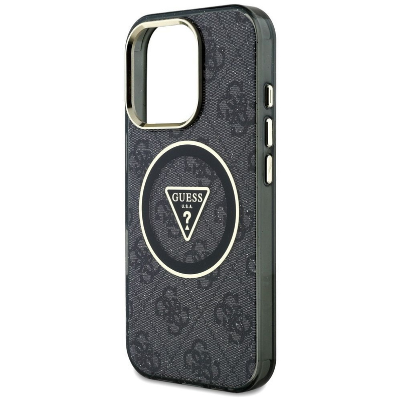 GUESS futerał do IPHONE 16 Pro Max kompatybilny z MagSafe GUHMP16XHG4PRTGK (IML Metal Glitter 4G Circle Triangle) czarny