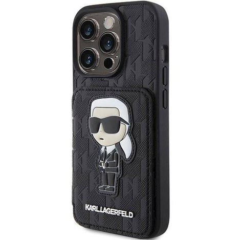 Karl Lagerfeld nakładka do iPhone 15 Pro 6,1&quot; KLHCP15LSAKKNSCK czarna hardcase Saffiano Cardslots and Stand Monogram Ikonik Patch